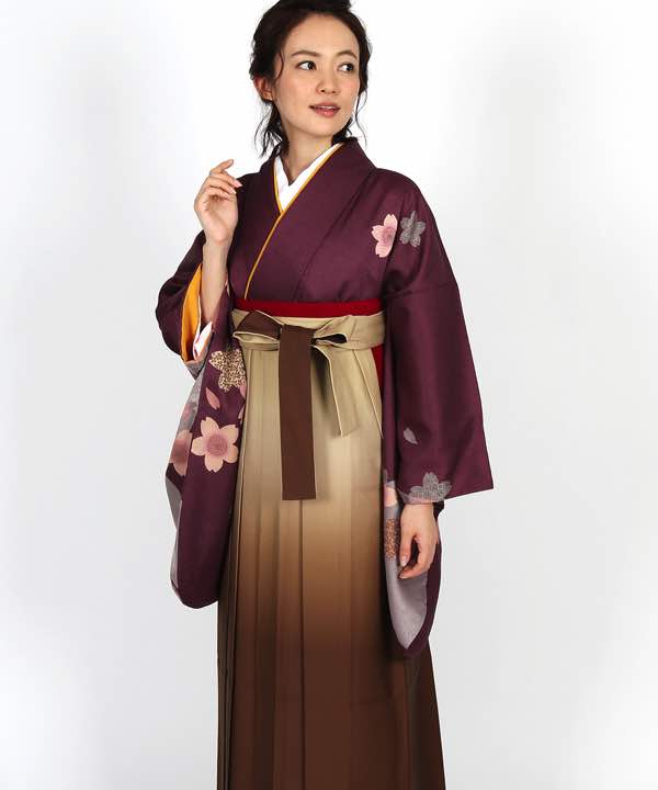 卒業式袴レンタル | 小豆色地に桜とシルエット グラデーション茶袴