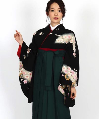 卒業式袴 | 黒地に八重桜 濃緑袴
