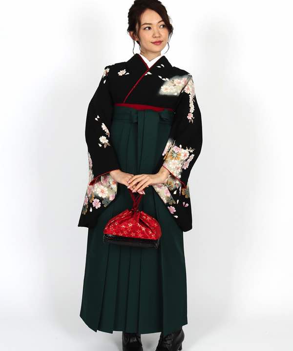 卒業式袴レンタル | 黒地に八重桜 濃緑袴