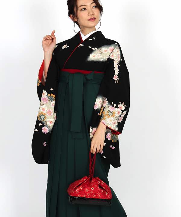 卒業式袴レンタル | 黒地に八重桜 濃緑袴