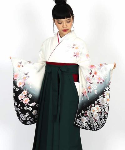 卒業式袴 | 白地に八重桜 濃緑袴