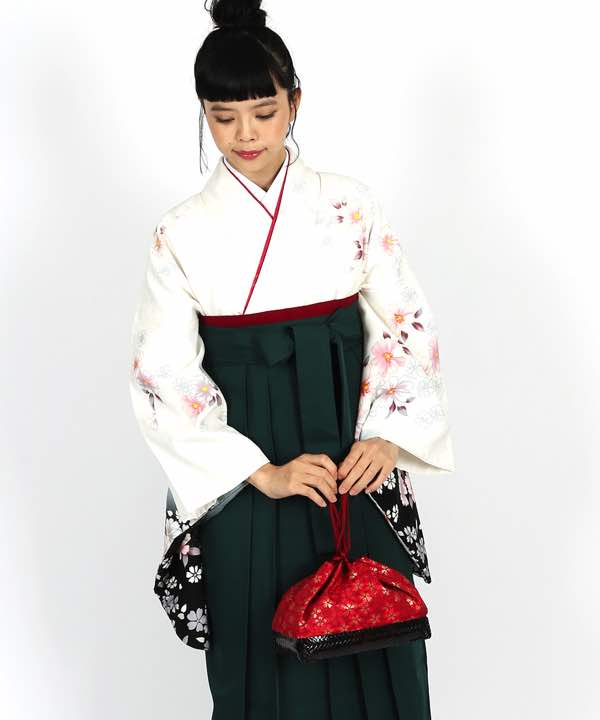 卒業式袴レンタル | 白地に八重桜 濃緑袴