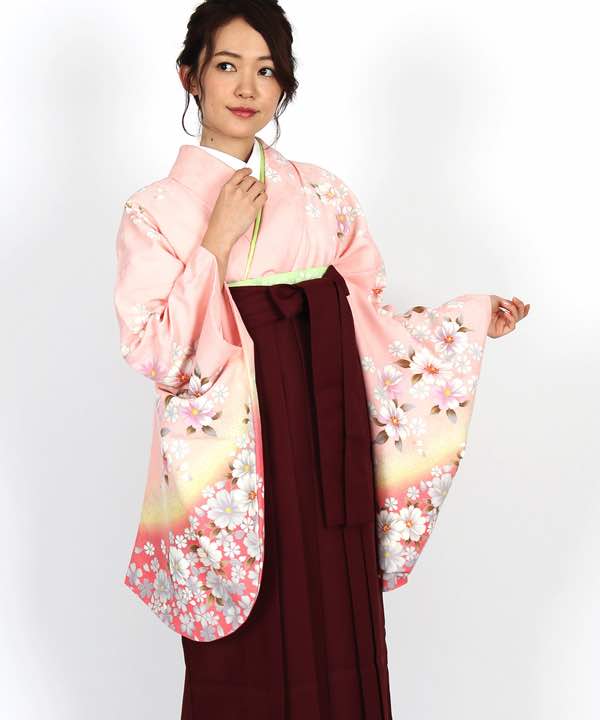 卒業式袴レンタル | 薄ピンク地に八重桜 臙脂袴