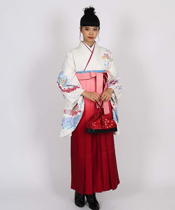 卒業式袴レンタル | 白地に桜の流れ ピンクと赤のグラデーション袴