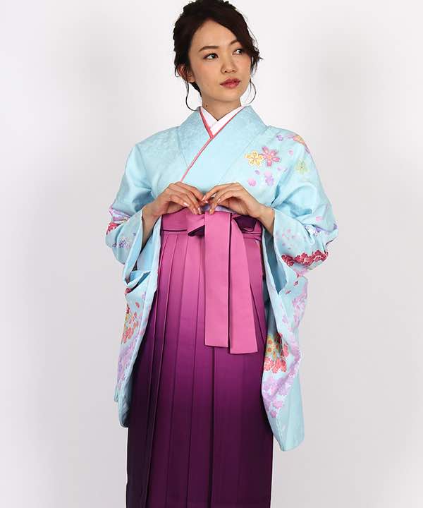 卒業式袴レンタル 水色地に桜の流れ ピンクと紫のグラデーション袴 Hataori ハタオリ