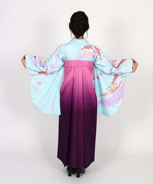 卒業式袴レンタル | 水色地に桜の流れ ピンクと紫のグラデーション袴