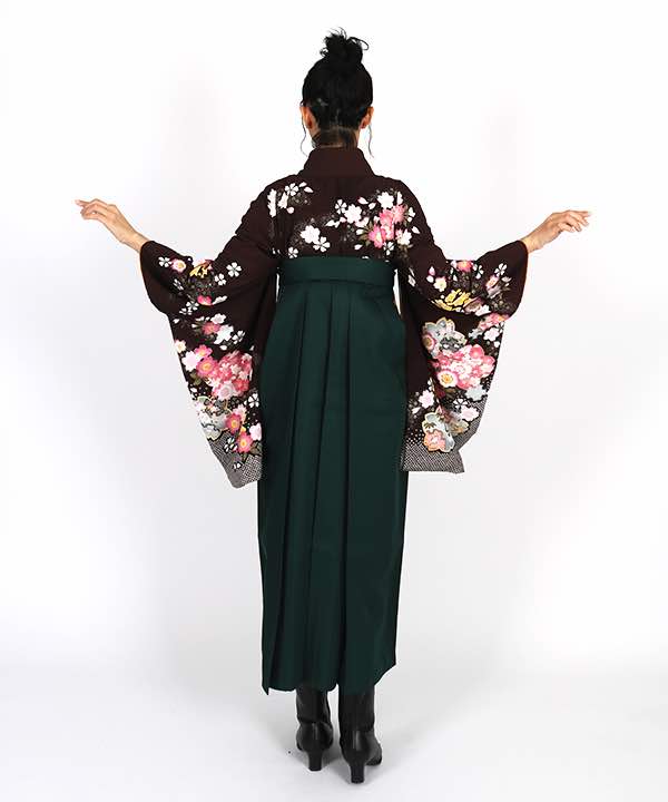 卒業式袴レンタル | 焦茶地に桜の花 濃緑袴