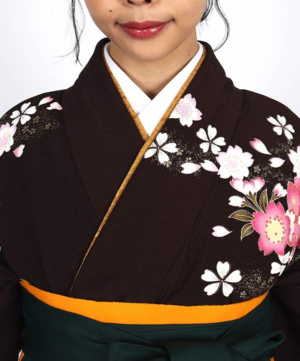 卒業式袴レンタル | 焦茶地に桜の花 濃緑袴