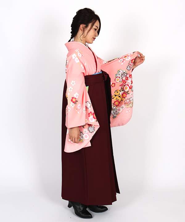 卒業式袴レンタル | サーモンピンク地に桜の花 臙脂袴