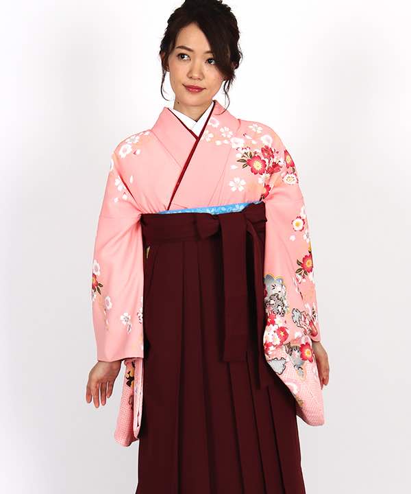 卒業式袴レンタル | サーモンピンク地に桜の花 臙脂袴