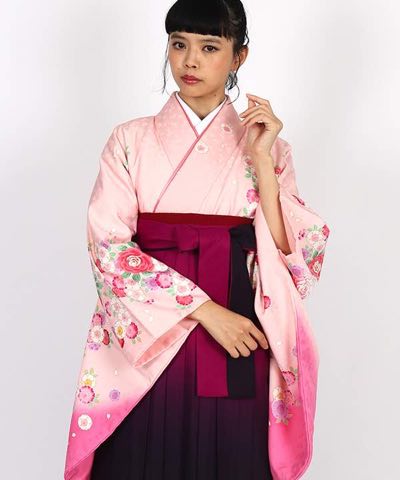 卒業式袴 | 薄ピンク地に薔薇と八重桜 赤紫×紫袴
