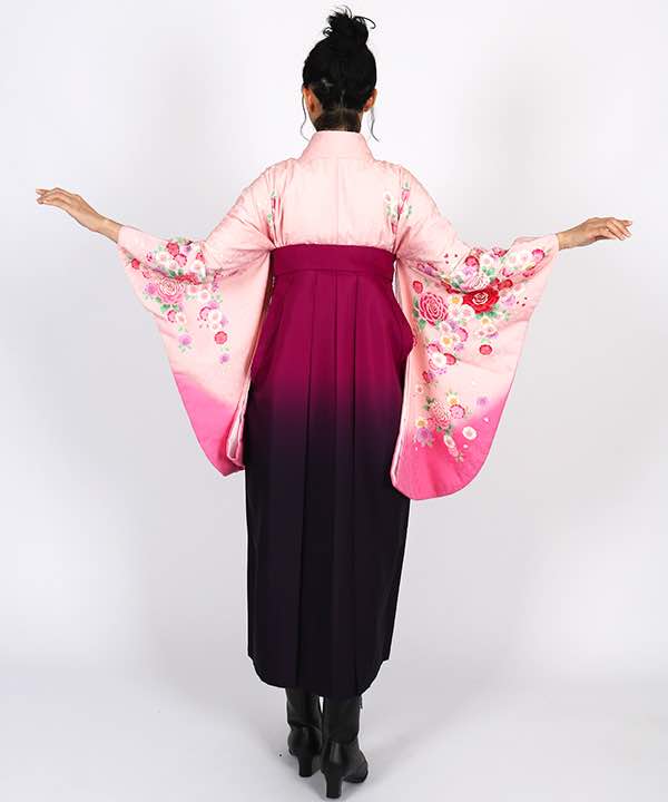 卒業式袴レンタル | 薄ピンク地に薔薇と八重桜 赤紫×紫袴