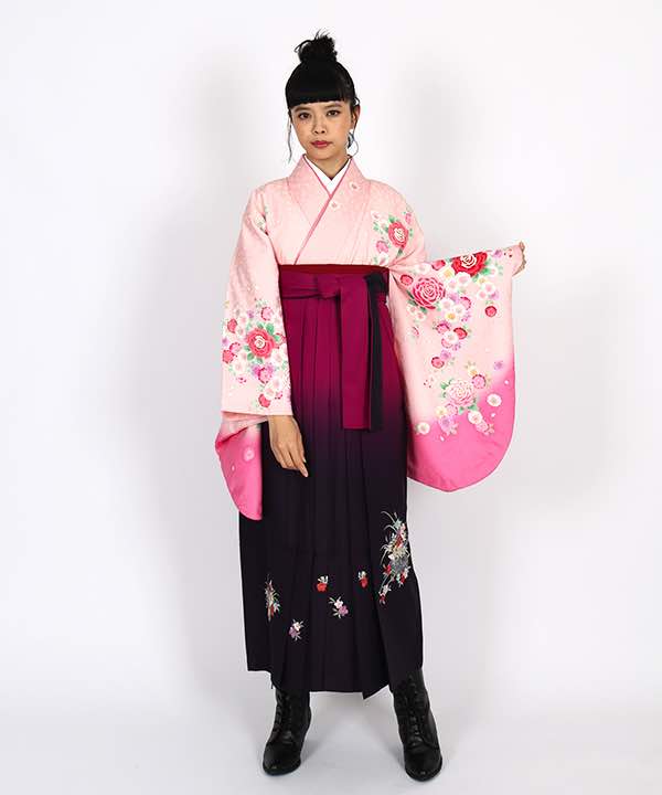 卒業式袴レンタル | 薄ピンク地に薔薇と八重桜 赤紫×紫袴