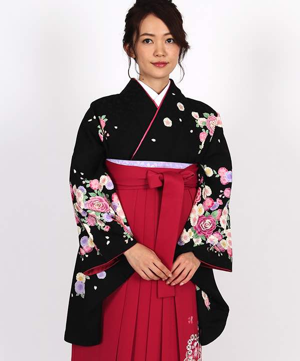 卒業式袴レンタル | 黒地に薔薇と八重桜 桜の赤袴