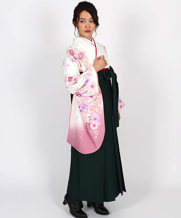 卒業式袴レンタル | 白地に桜の花 濃緑袴