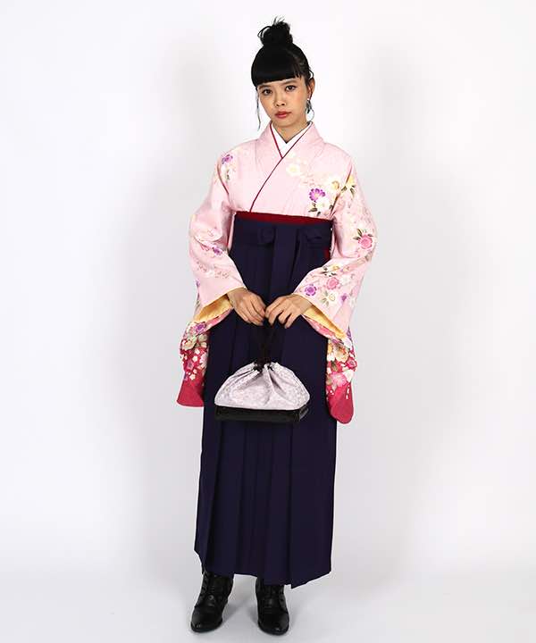 卒業式袴レンタル | 薄ピンク地に桜の花 紫袴