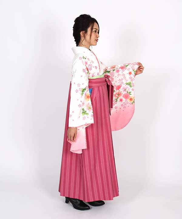 卒業式袴レンタル | 白地に八重桜 双葉ストライプのピンク袴