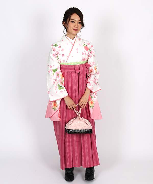 卒業式袴レンタル | 白地に八重桜 双葉ストライプのピンク袴