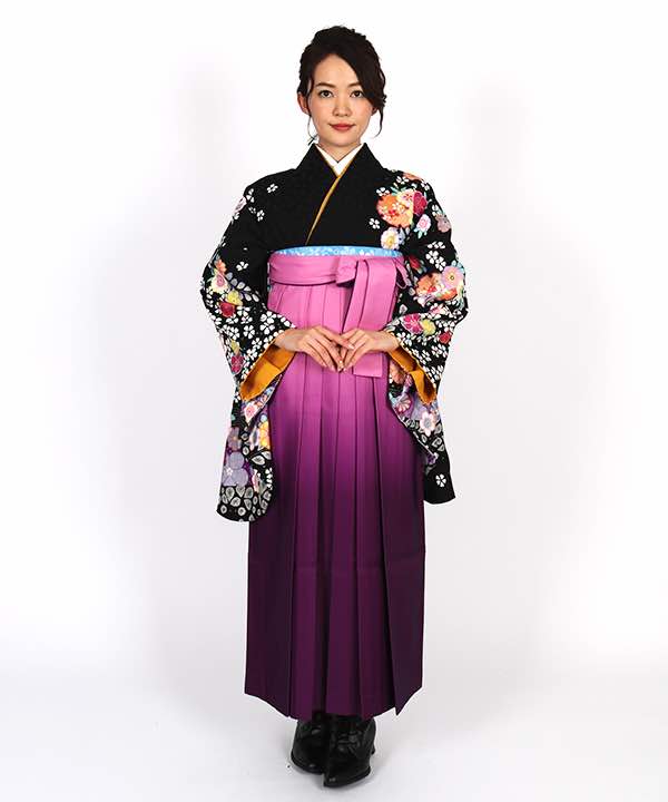 卒業式袴レンタル | 黒地に桜の花と雪輪 ピンクと紫のグラデーション袴