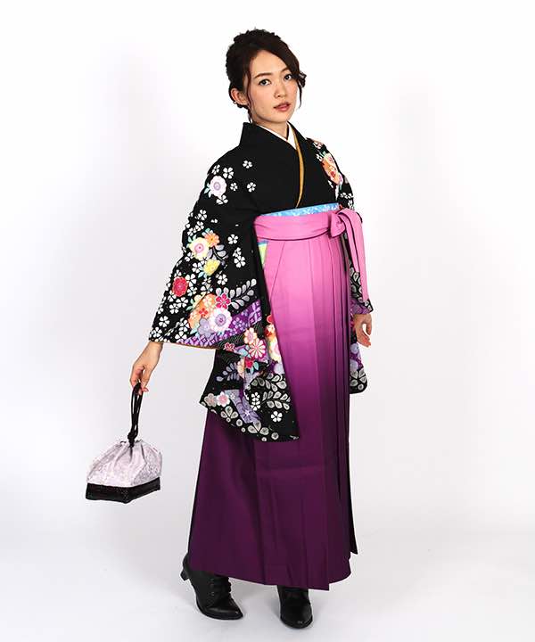 卒業式袴レンタル | 黒地に桜の花と雪輪 ピンクと紫のグラデーション袴