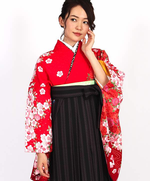 卒業式袴レンタル | 赤地に芍薬と桜 双葉ストライプの黒袴