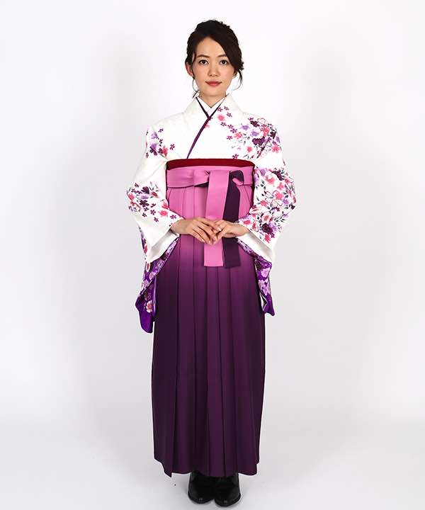 卒業式袴レンタル | 白地に桜の花 ピンクと紫のグラデーション袴