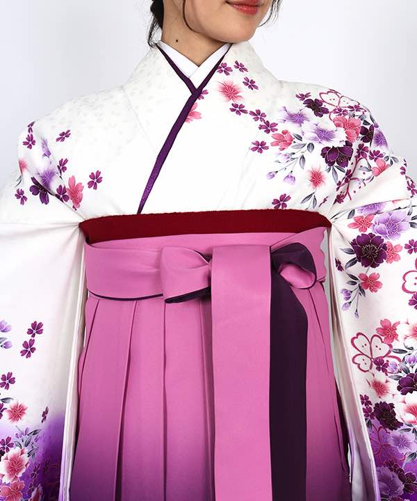 卒業式袴レンタル | 白地に桜の花 ピンクと紫のグラデーション袴