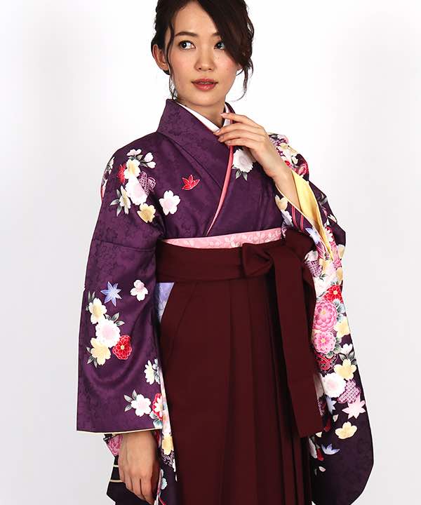 卒業式袴レンタル | 紫地に菊と桜 臙脂袴