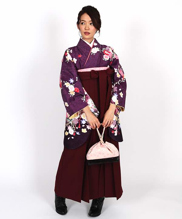 卒業式袴レンタル | 紫地に菊と桜 臙脂袴