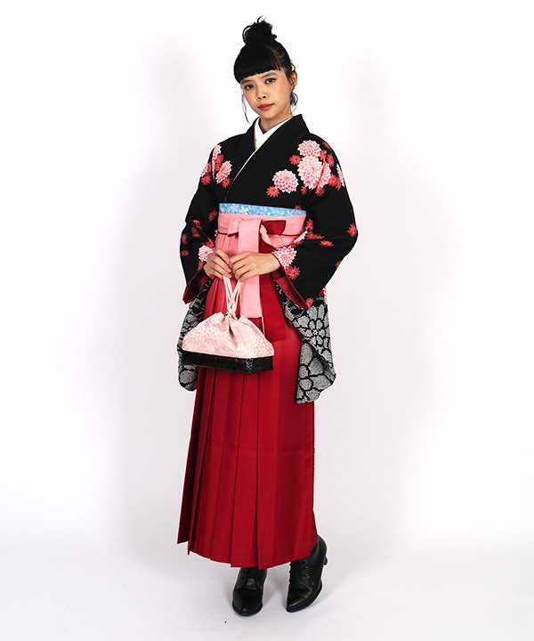 卒業式袴レンタル | 黒地に赤い菊 ピンクと赤のグラデーション袴