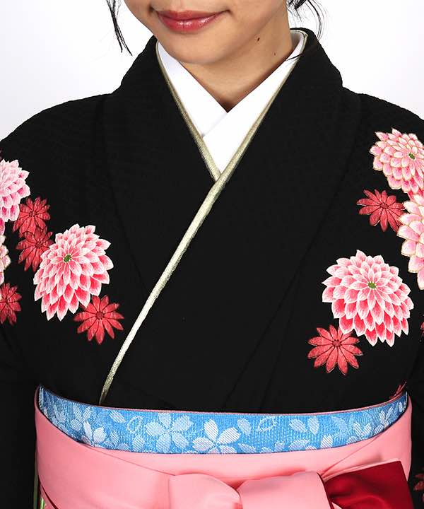 卒業式袴レンタル | 黒地に赤い菊 ピンクと赤のグラデーション袴