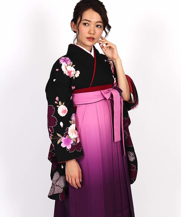 卒業式袴レンタル | 黒地に八重桜 ピンクと紫のグラデーション袴 ...