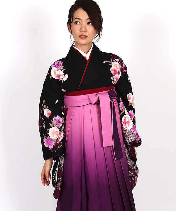 卒業式袴レンタル | 黒地に八重桜 ピンクと紫のグラデーション袴