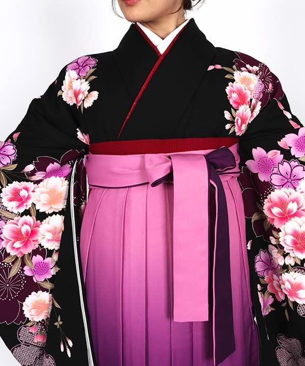 卒業式袴レンタル | 黒地に八重桜 ピンクと紫のグラデーション袴 