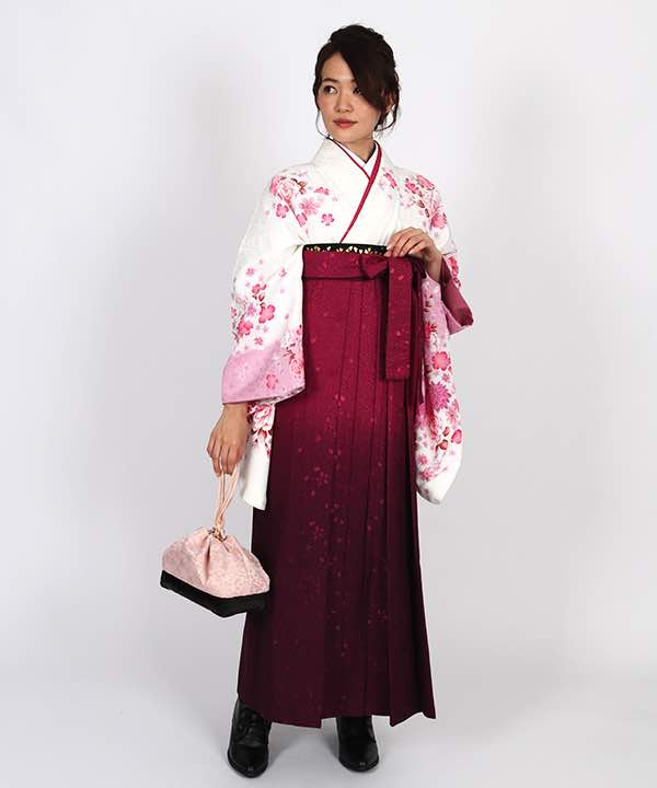 卒業式袴レンタル | 白地に薔薇と桜 桜の花びらのグラデーション赤紫袴