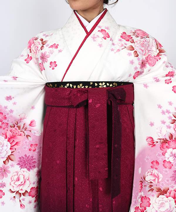 卒業式袴レンタル | 白地に薔薇と桜 桜の花びらのグラデーション赤紫袴