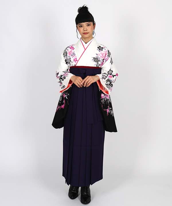 卒業式袴レンタル | 白地に芍薬と桜に雪輪 紫袴