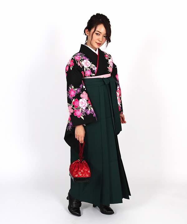 卒業式袴レンタル | 黒地に芍薬と絞り調桜 濃緑袴