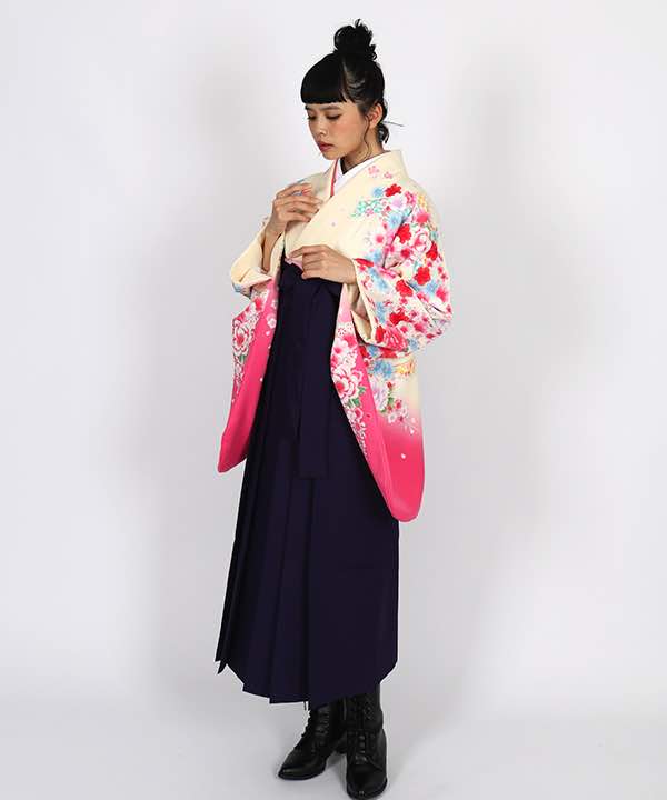 卒業式袴レンタル | 薄黄色地にピンク暈し 花と熨斗 紫袴