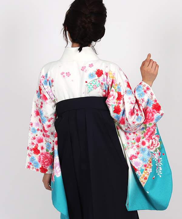 卒業式袴レンタル | 白地に水色暈し 花と熨斗 濃紺袴