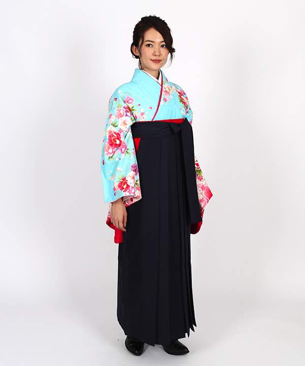 卒業式袴レンタル | 水色地に赤暈し 牡丹と桜 濃紺袴