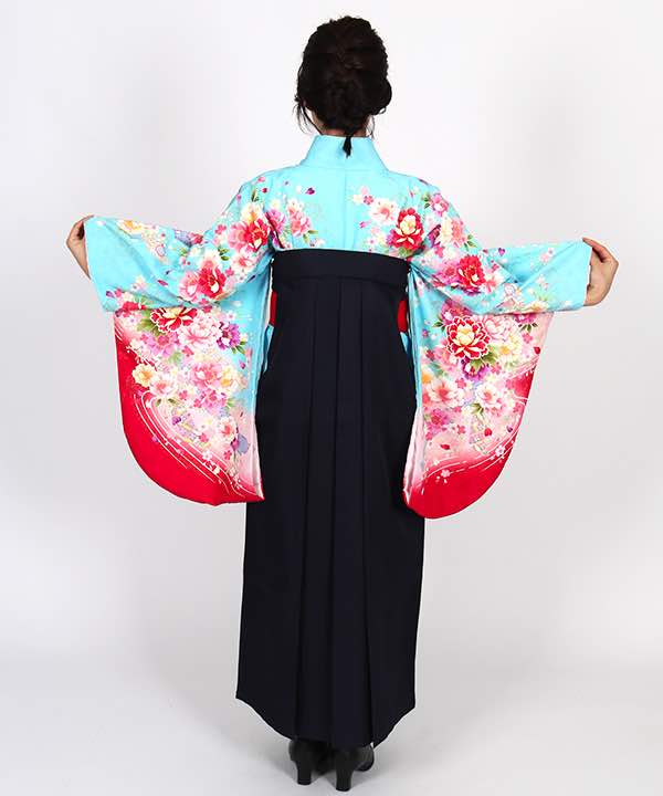 卒業式袴レンタル | 水色地に赤暈し 牡丹と桜 濃紺袴