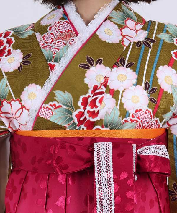 卒業式袴レンタル | 鶯色地に牡丹の花 刺繍入り変わり赤袴