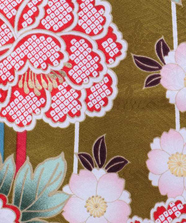 卒業式袴レンタル | 鶯色地に牡丹の花 刺繍入り変わり赤袴