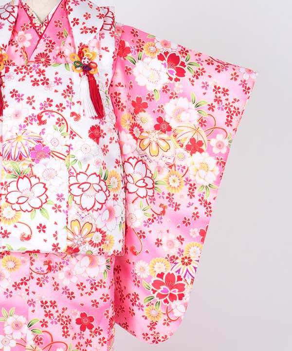 七五三(三歳)レンタル | ピンク地に菊と鞠と小桜 白被布