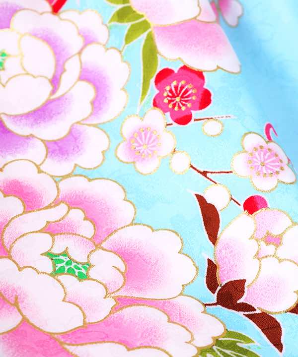七五三(三歳)レンタル | 水色地に桜と小花 白とピンクに鞠と桜の被布