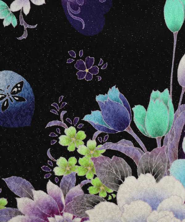 振袖レンタル | 黒地に紫暈し 花々と金彩の黒蝶にリボン