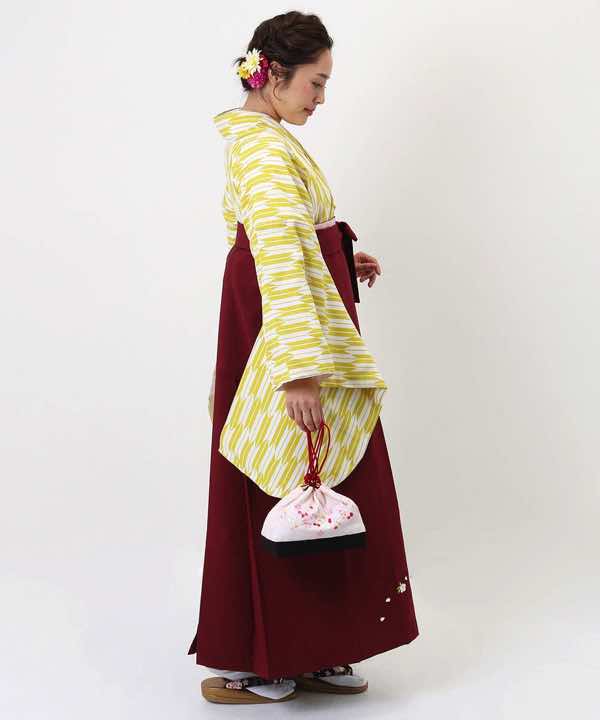 卒業式袴レンタル | 黄色 小矢絣 臙脂刺繍袴