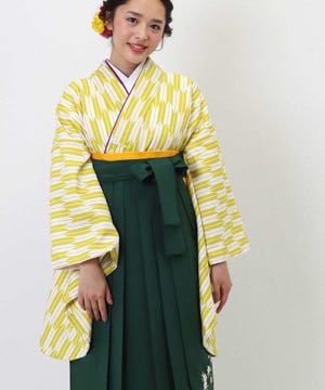 卒業式袴レンタル | 黄色 小矢絣 深緑刺繍袴