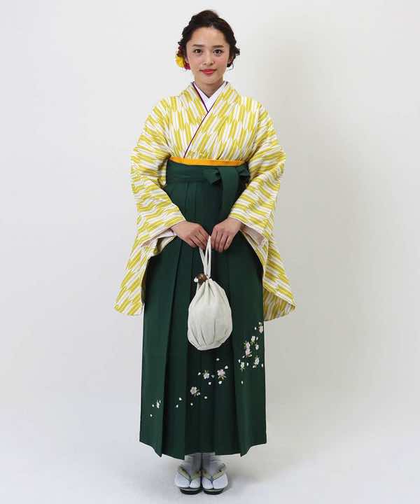 卒業式袴レンタル | 黄色 小矢絣 深緑刺繍袴